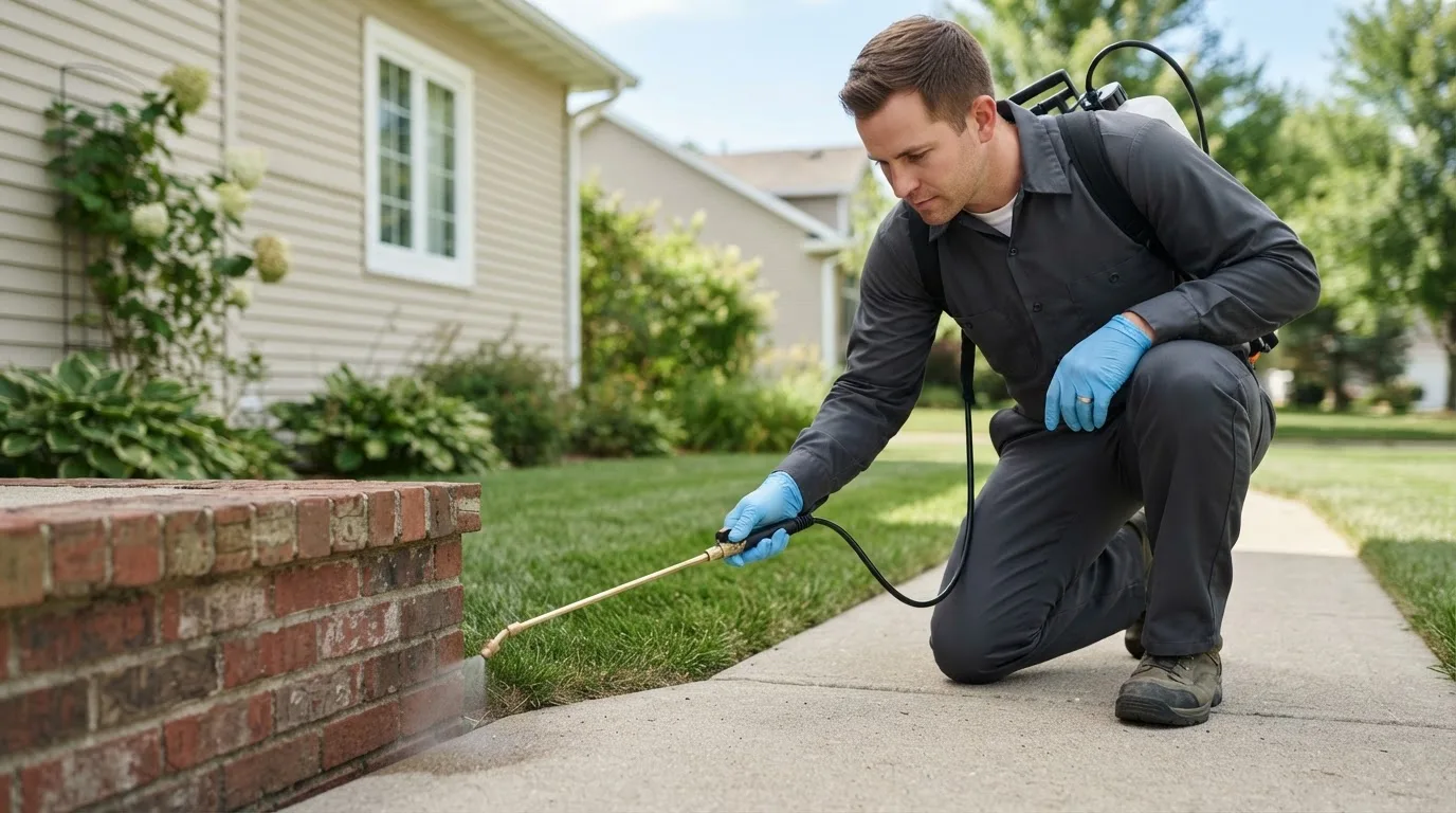 Pest control technician treating a home near Fowlerton, IN
