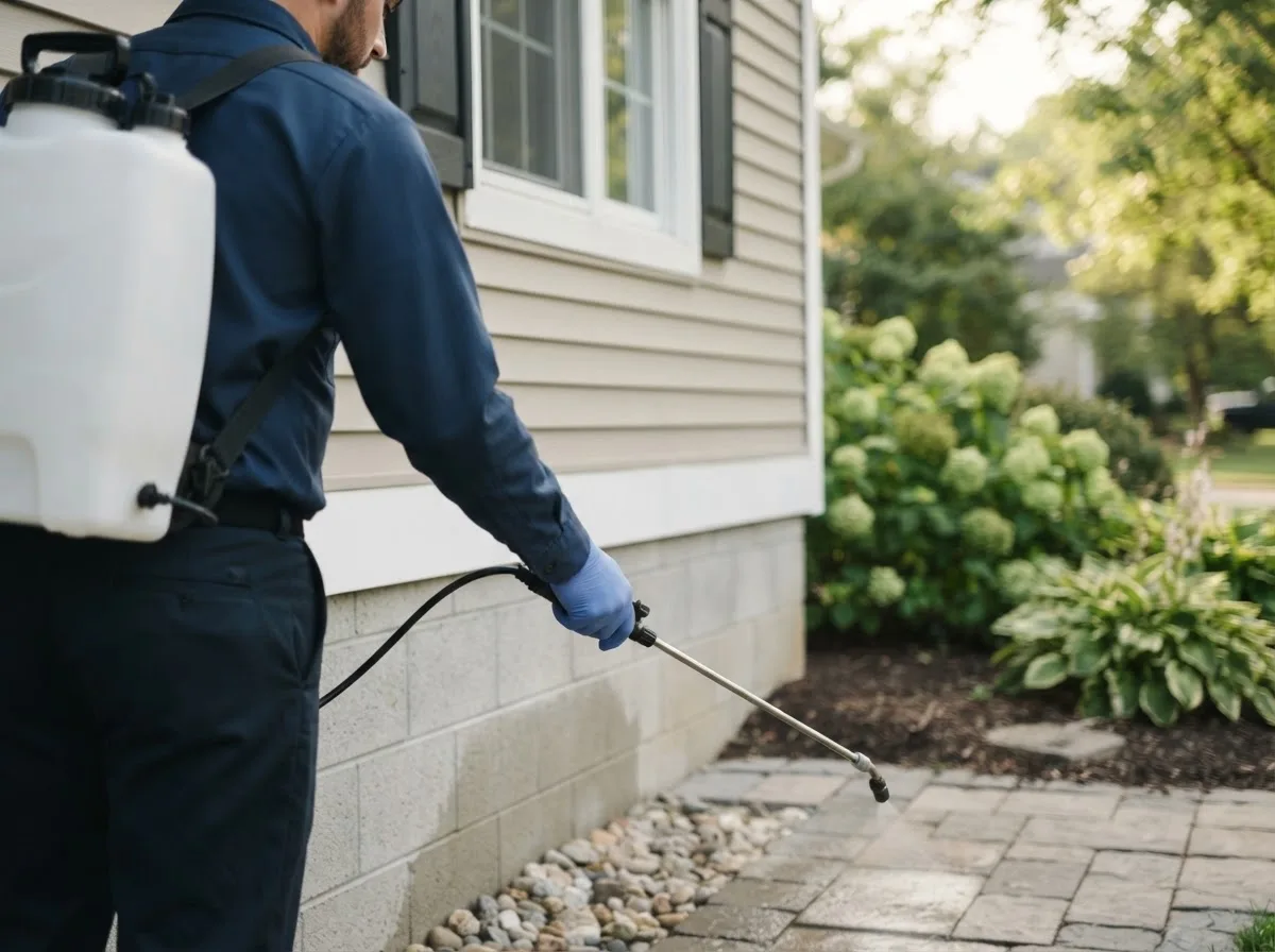 Pest control technician inspecting a home in Fowlerton, IN